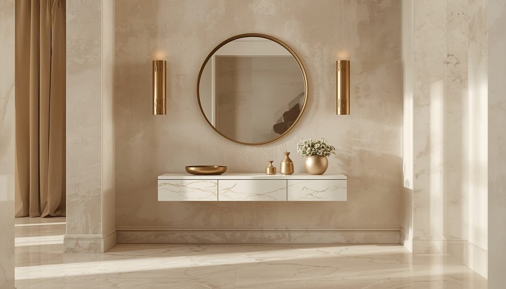 Cream console table with a round brass mirror and brushed brass wall sconces