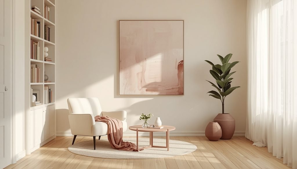 Cozy cream nook styled with a dusty rose linen throw and mauve planters