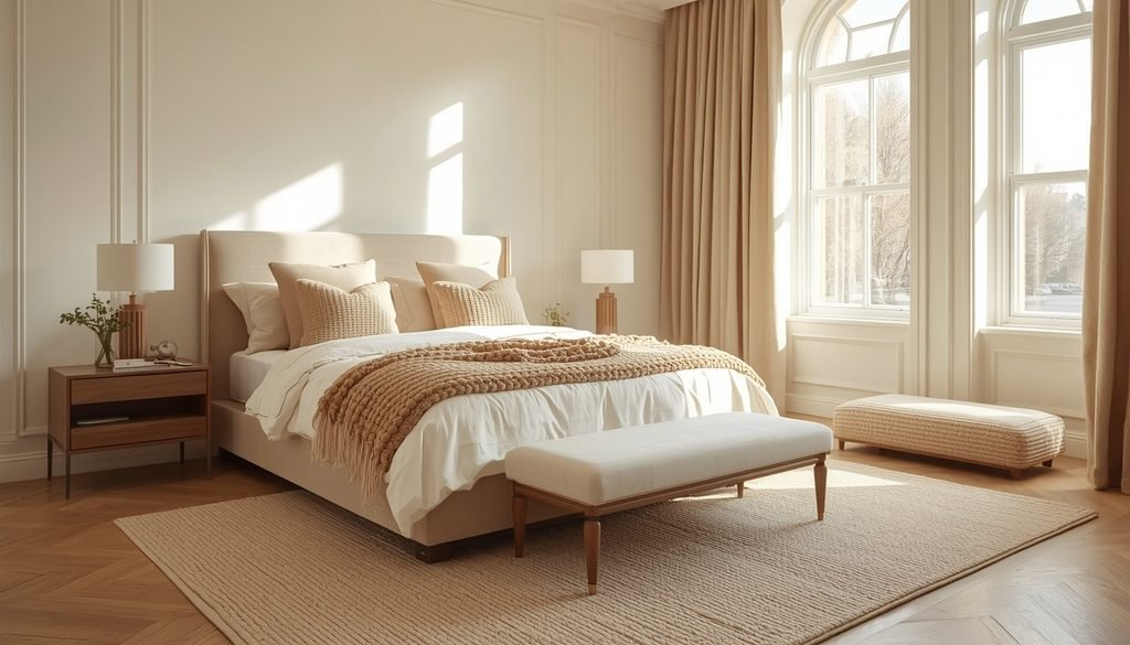 Minimalist cream bed layered with beige bouclé cushions and oat knitted throw