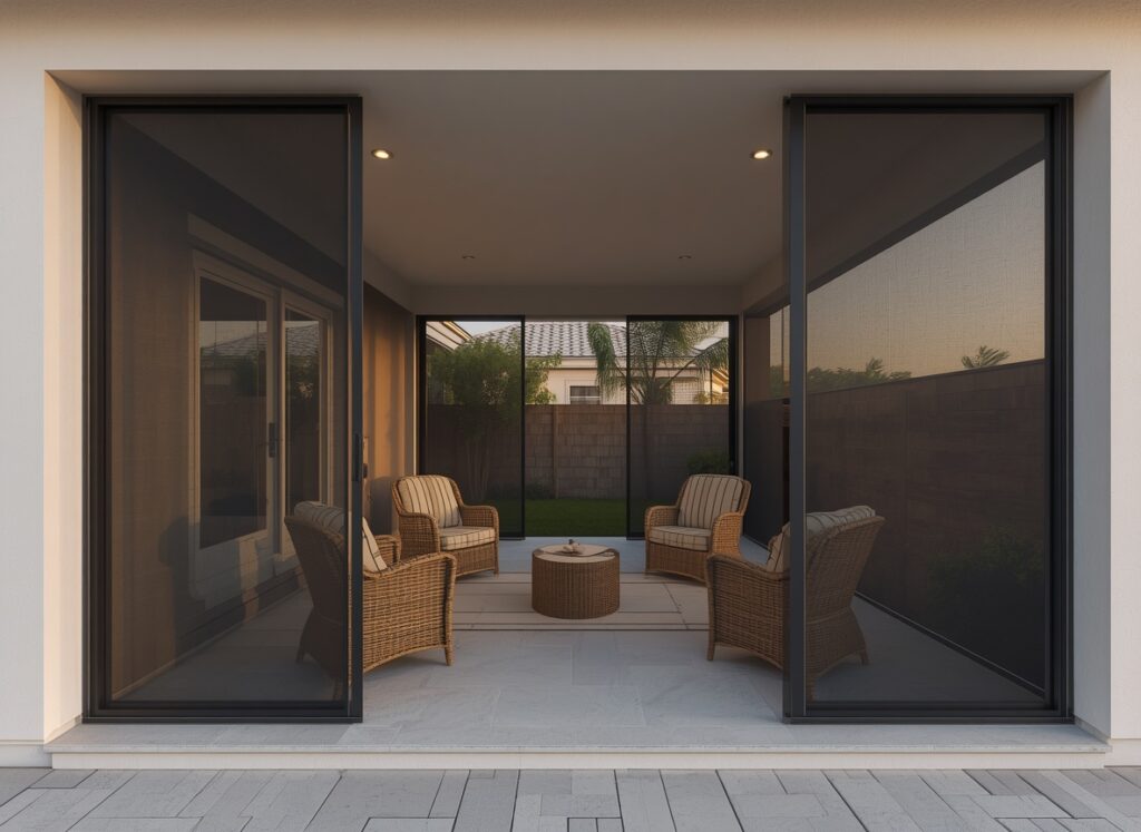 Enclosed patio with tight mesh screens for mosquito protection.