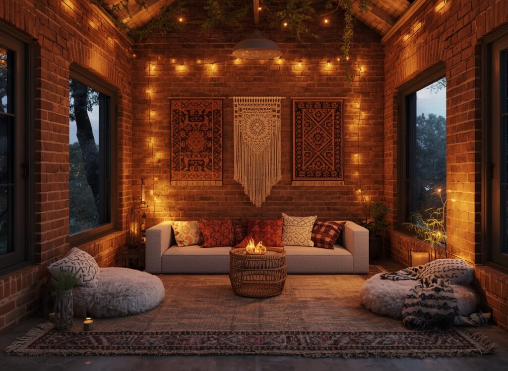 : Bohemian style enclosed patio with low floor cushion seating.