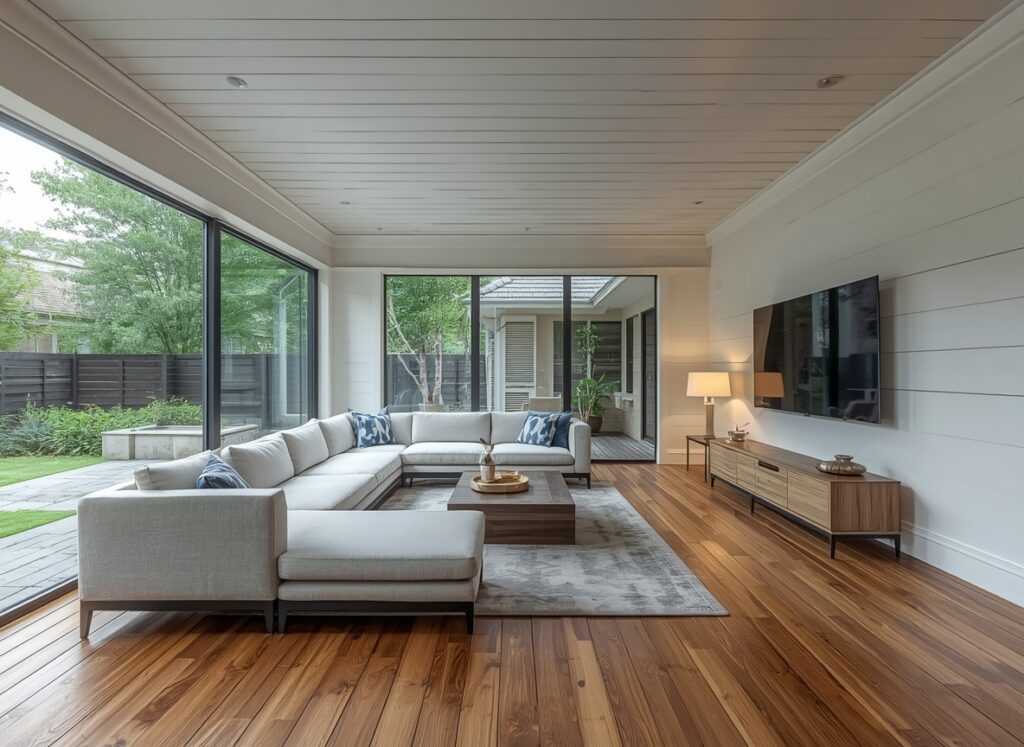 Contemporary enclosed patio with an L-shaped sectional sofa.