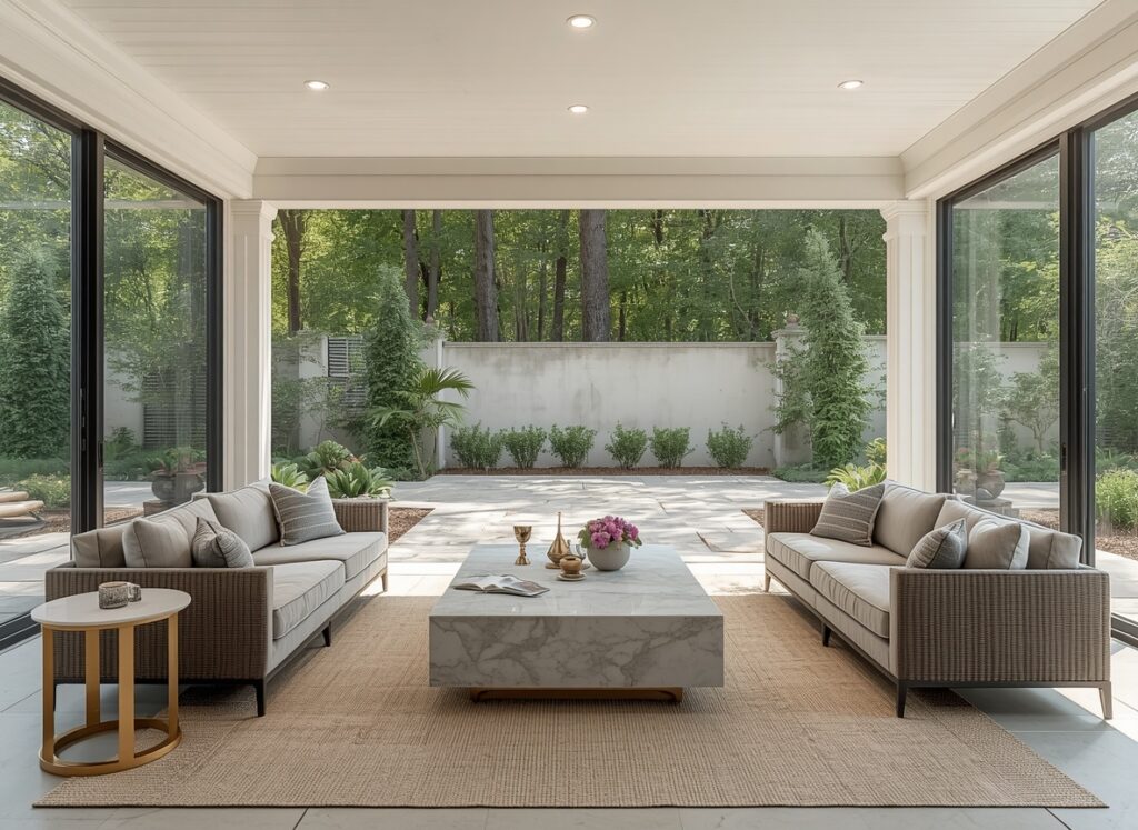 Formal enclosed patio with two sofas facing each other.