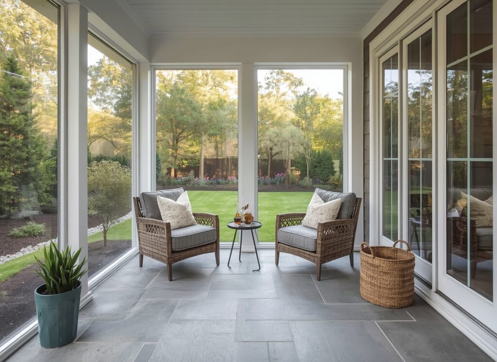 Small enclosed patio corner layout with two armchairs.
