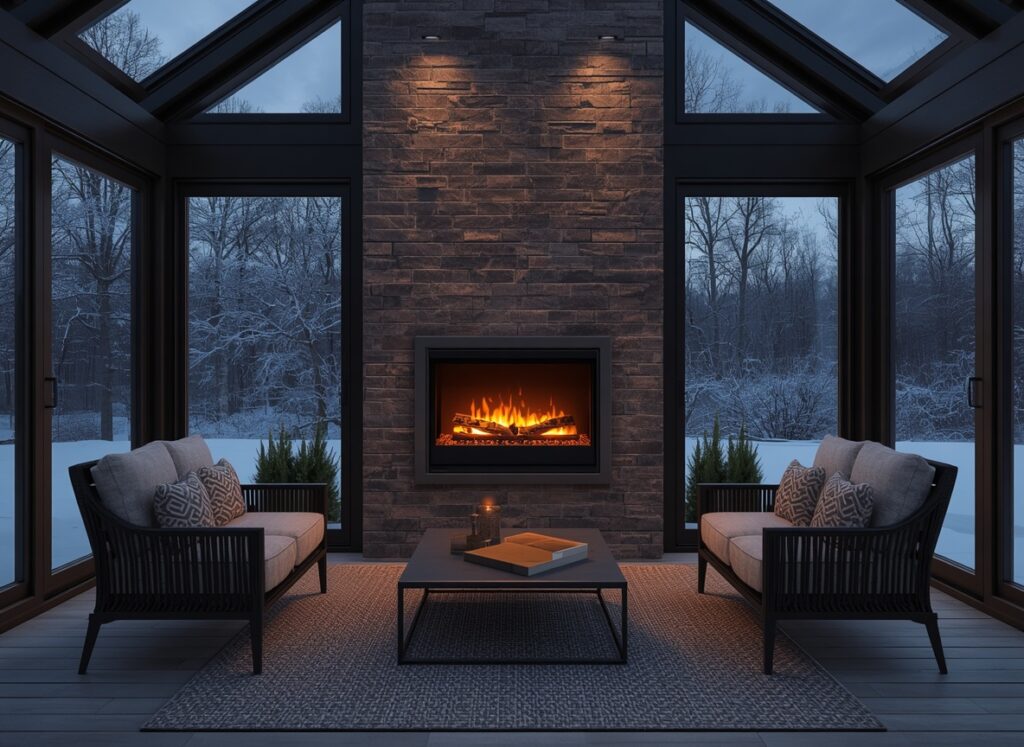 Luxury enclosed patio featuring a modern electric fireplace.