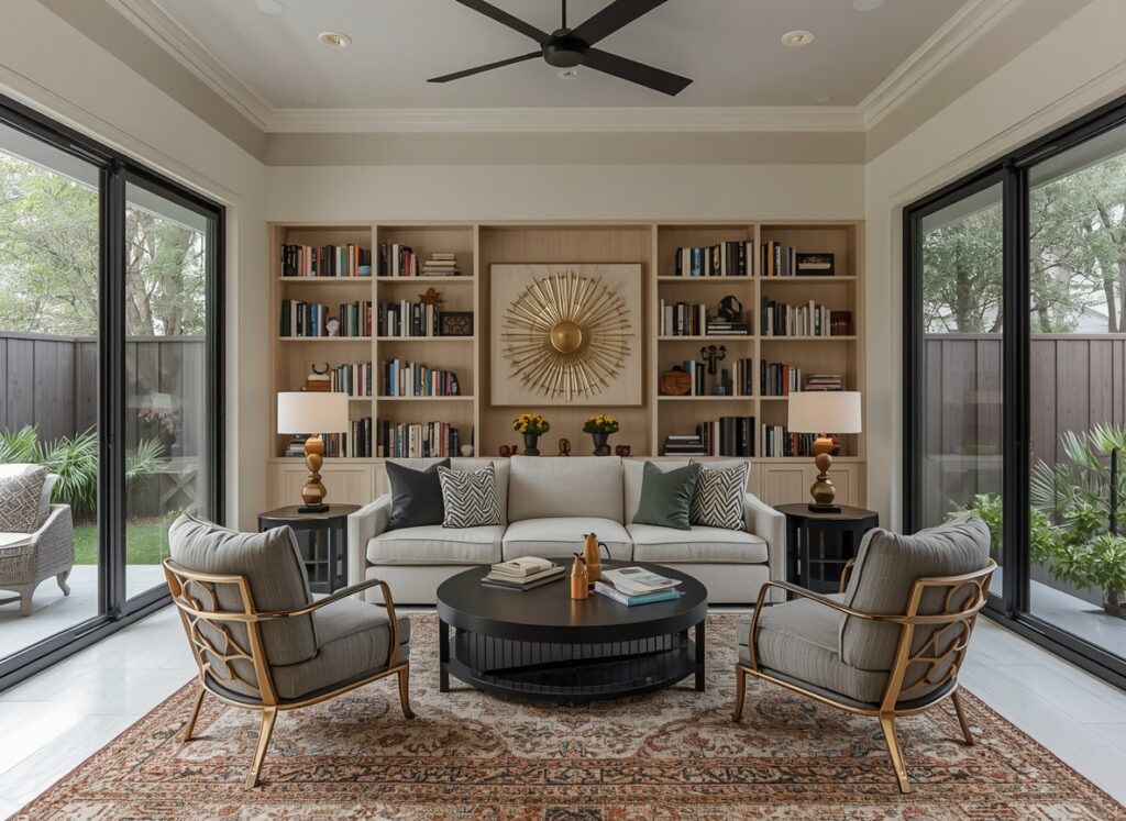 Enclosed patio library lounge with a full-height bookshelf.