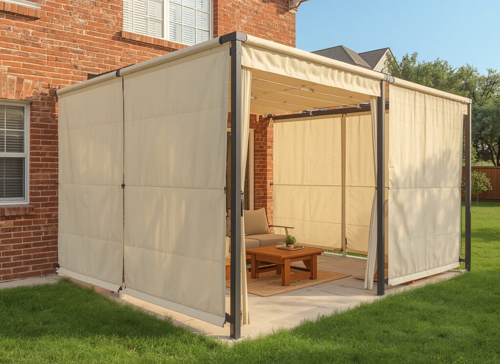 Enclosed patio using heavy canvas outdoor curtains on rods.