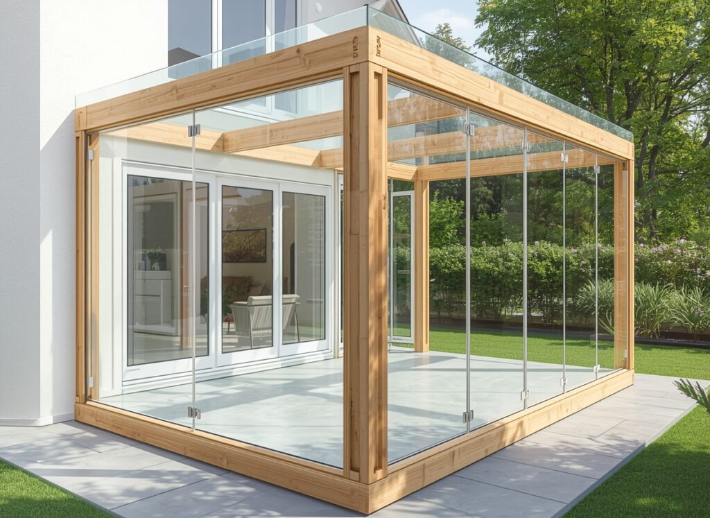 Enclosed patio layout sealed with clear acrylic panels.