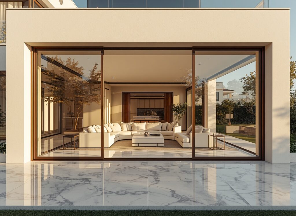 Luxury enclosed patio sunroom with full-length glass panels.