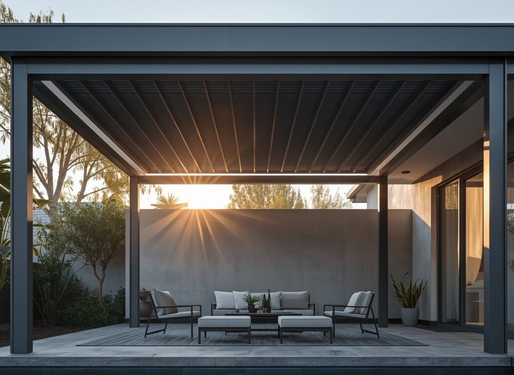 Modern enclosed patio featuring motorized louvered roof panels