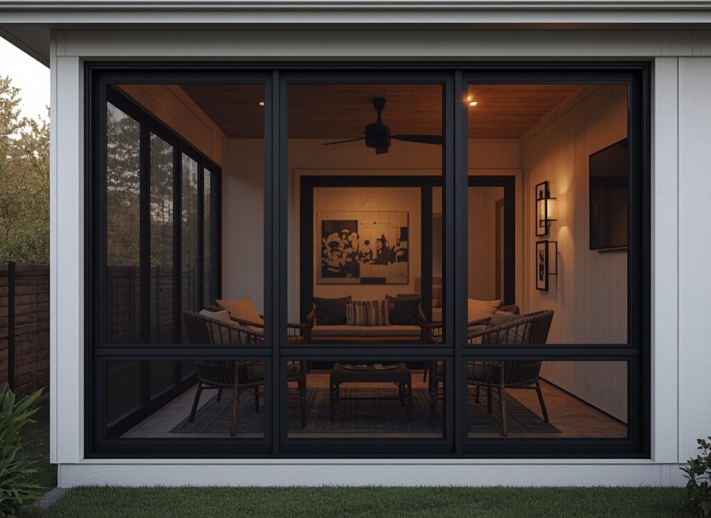 Enclosed patio structure with sleek sliding glass doors.