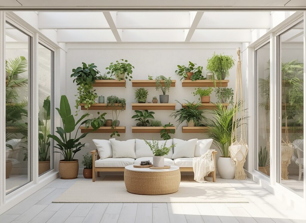 Small enclosed patio featuring vertical green wall planters.