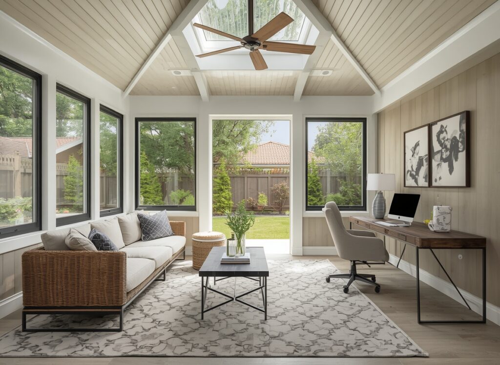 Enclosed patio home office setup with a sleek desk.