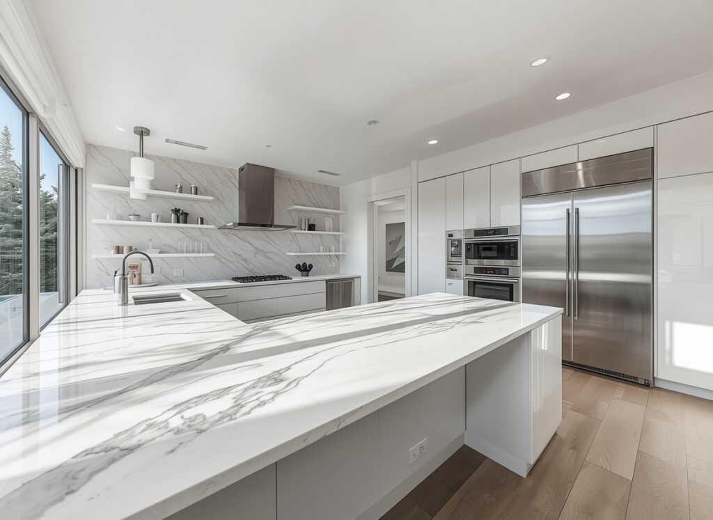What is a Dolomite Countertop? Comprehensive Guide & 10 Design Ideas 6 Modern luxury kitchen interior showcasing bright dolomite kitchen countertop features with a smooth, polished white surface reflecting natural light.
