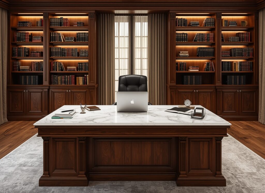 What is a Dolomite Countertop? Comprehensive Guide & 10 Design Ideas 15 A smooth, professional executive office workspace showcasing a solid dolomite slab for office desks and counters that holds heavy monitors without bending.