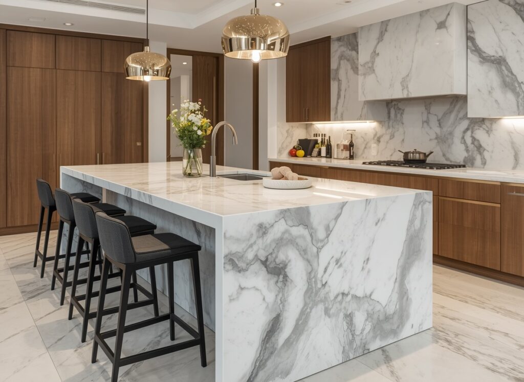 What is a Dolomite Countertop? Comprehensive Guide & 10 Design Ideas 7 A large seamless kitchen island centerpiece demonstrating what is a dolomite stone countertop with a thick luxurious edge in a busy family kitchen.
