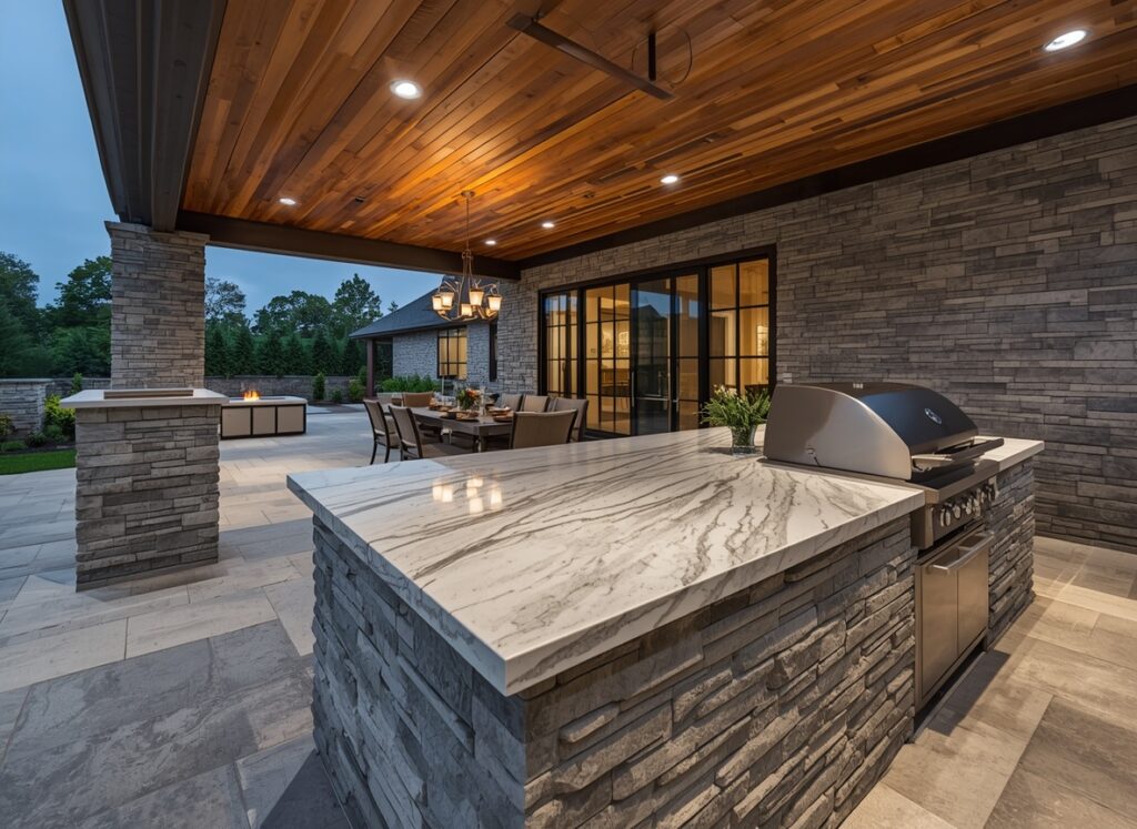 What is a Dolomite Countertop? Comprehensive Guide & 10 Design Ideas 10 Premium outdoor patio BBQ area displaying dolomite countertop durability and benefits by resisting high grill heat and harsh weather.