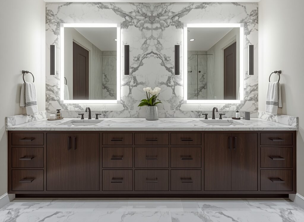 What is a Dolomite Countertop? Comprehensive Guide & 10 Design Ideas 8 Elegant bathroom vanity top highlighting why is dolomite good for countertops, handling hot hair tools safely without losing its natural shine.