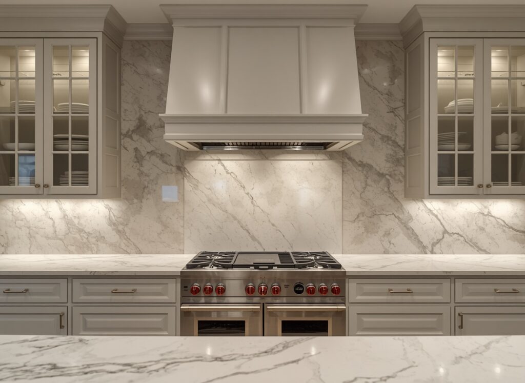 What is a Dolomite Countertop? Comprehensive Guide & 10 Design Ideas 9 Seamless modern kitchen layout featuring a full-height matching backsplash wall that provides a clear dolomite countertop definition without any grout lines.
