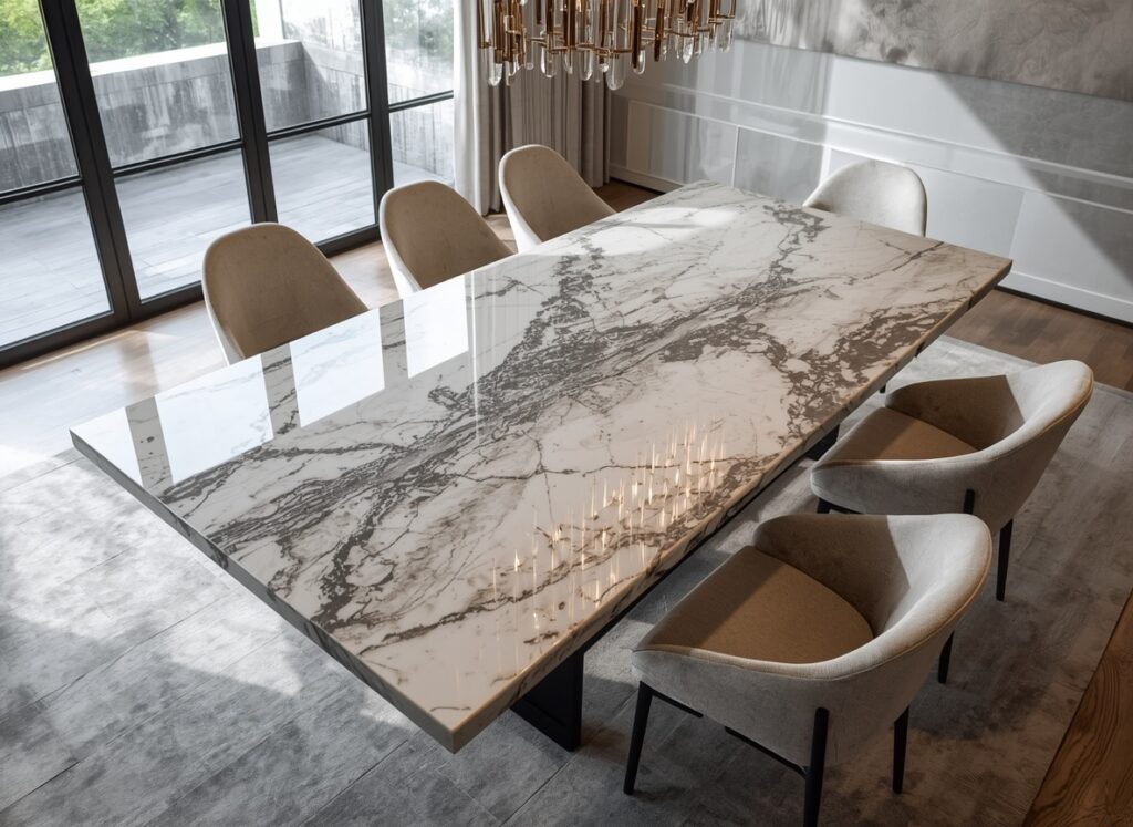 What is a Dolomite Countertop? Comprehensive Guide & 10 Design Ideas 12 Custom dining table with unique natural patterns, serving as a practical visual guide for dolomite vs marble countertops comparison in home decor.