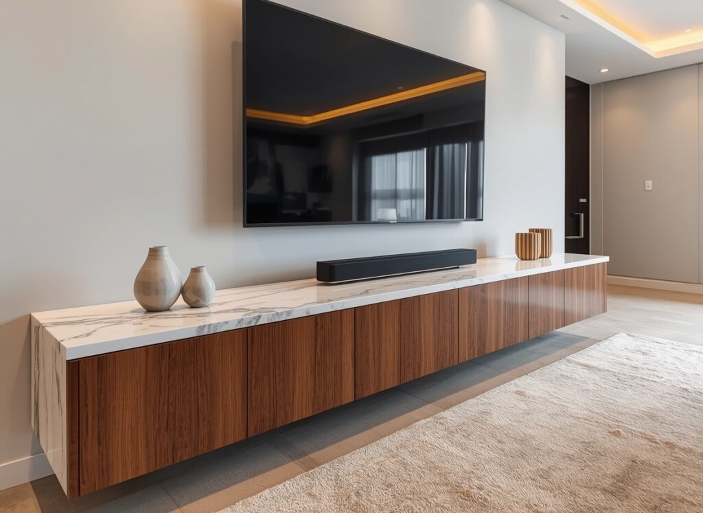 What is a Dolomite Countertop? Comprehensive Guide & 10 Design Ideas 11 Contemporary living room with a luxury floating TV console top, used as a dolomite countertop material guide for scratch-resistant and heavy-load furniture surfaces.