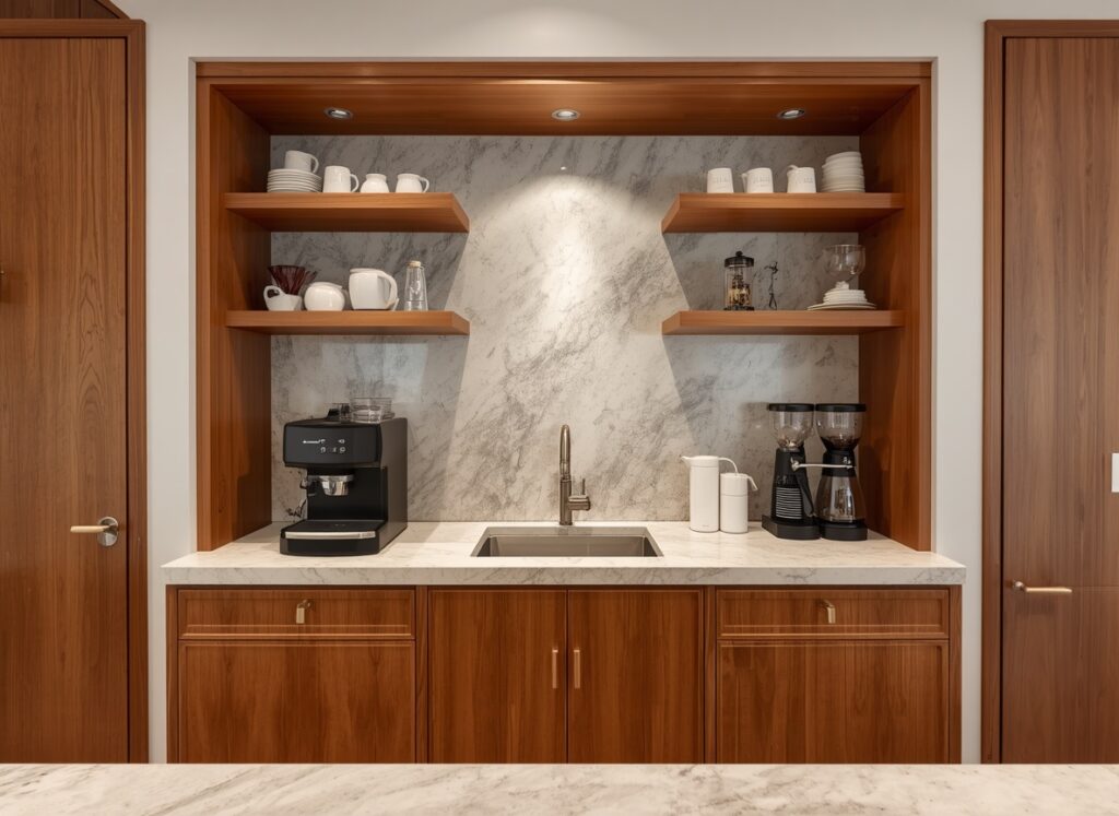 What is a Dolomite Countertop? Comprehensive Guide & 10 Design Ideas 13 Dedicated home coffee station and espresso machine corner, helpful for understanding dolomite countertops heat resistance over wooden cabinets.