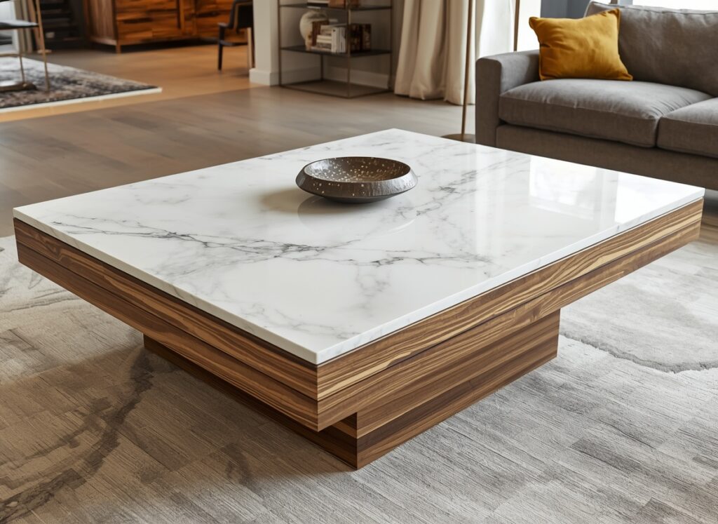 What is a Dolomite Countertop? Comprehensive Guide & 10 Design Ideas 14 A central living room coffee table featuring white dolomite stone countertops fully enclosed and protected inside a solid, packed wooden frame base.