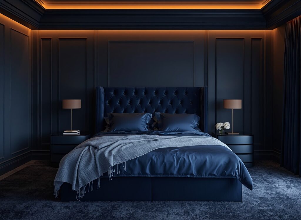 25 Cozy Navy Blue Bedroom Ideas to Create a Romantic Blueprint 4 A cozy navy blue bedroom featuring a deep navy velvet bed, charcoal gray plush carpet, and dark blue walls.