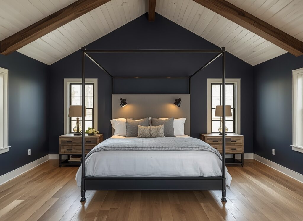 25 Cozy Navy Blue Bedroom Ideas to Create a Romantic Blueprint 13 Rustic modern farmhouse navy blue bedroom featuring a black iron canopy bed, exposed pine wood ceiling beams, and a cozy white quilt.