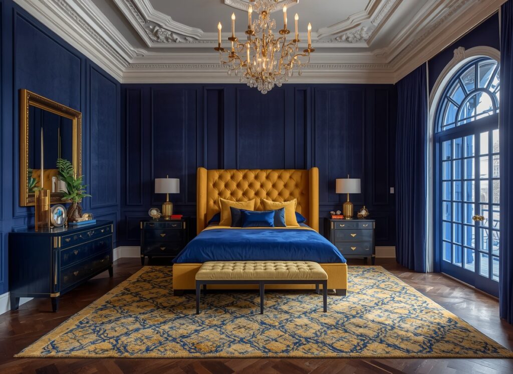 25 Cozy Navy Blue Bedroom Ideas to Create a Romantic Blueprint 14 Royal navy blue master suite with luxury yellow gold accents, classic picture-frame moldings, and a grand gold table lamp.