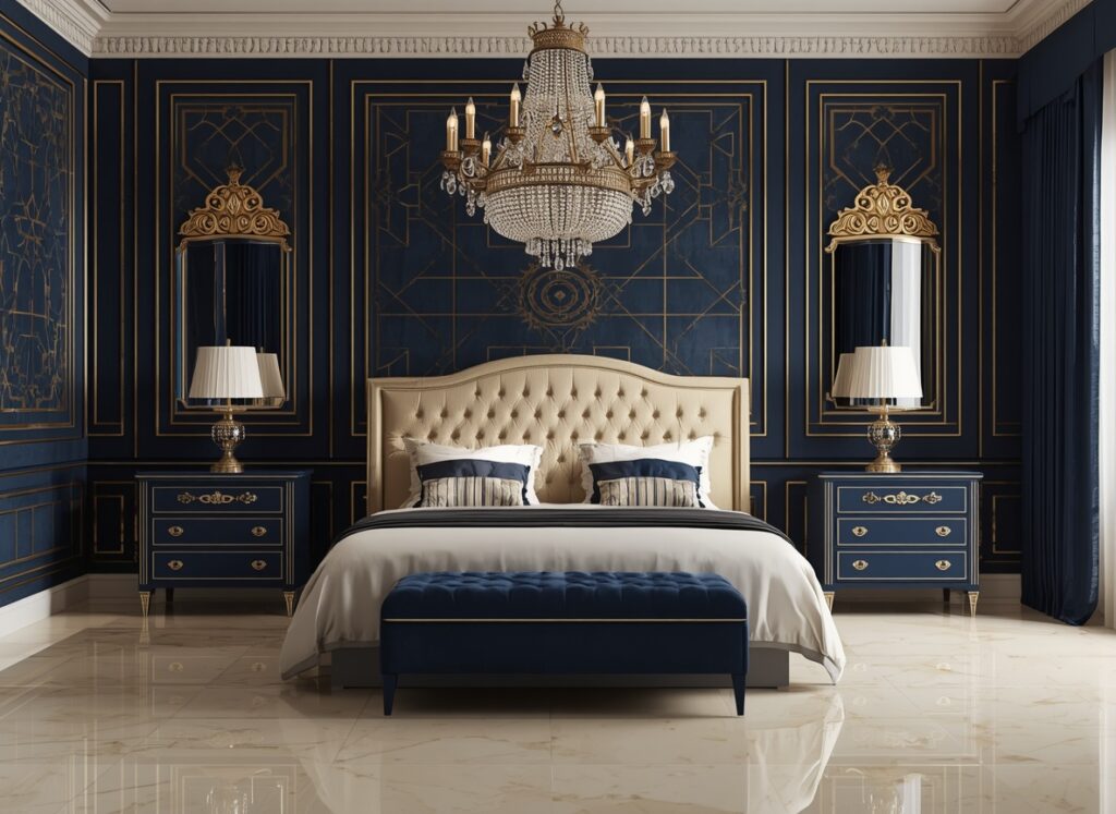 25 Cozy Navy Blue Bedroom Ideas to Create a Romantic Blueprint 15 Luxury mansion bedroom showcasing metallic navy blue walls, polished white marble flooring, soft cream velvet bed, and brass lighting.