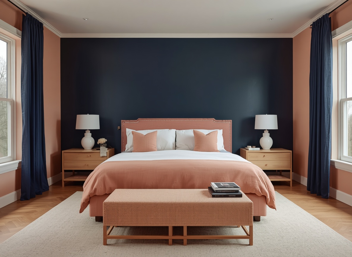 25 Cozy Navy Blue Bedroom Ideas to Create a Romantic Blueprint 16 Minimalist navy blue bedroom with a deep navy accent wall, soft peach side walls, a peach fabric bed, and light wooden furniture.