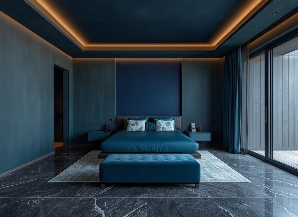25 Cozy Navy Blue Bedroom Ideas to Create a Romantic Blueprint 17 Monochrome teal and blue sleep sanctuary with textured dark teal walls, high-gloss grey marble floor, and cozy teal velvet bedding.