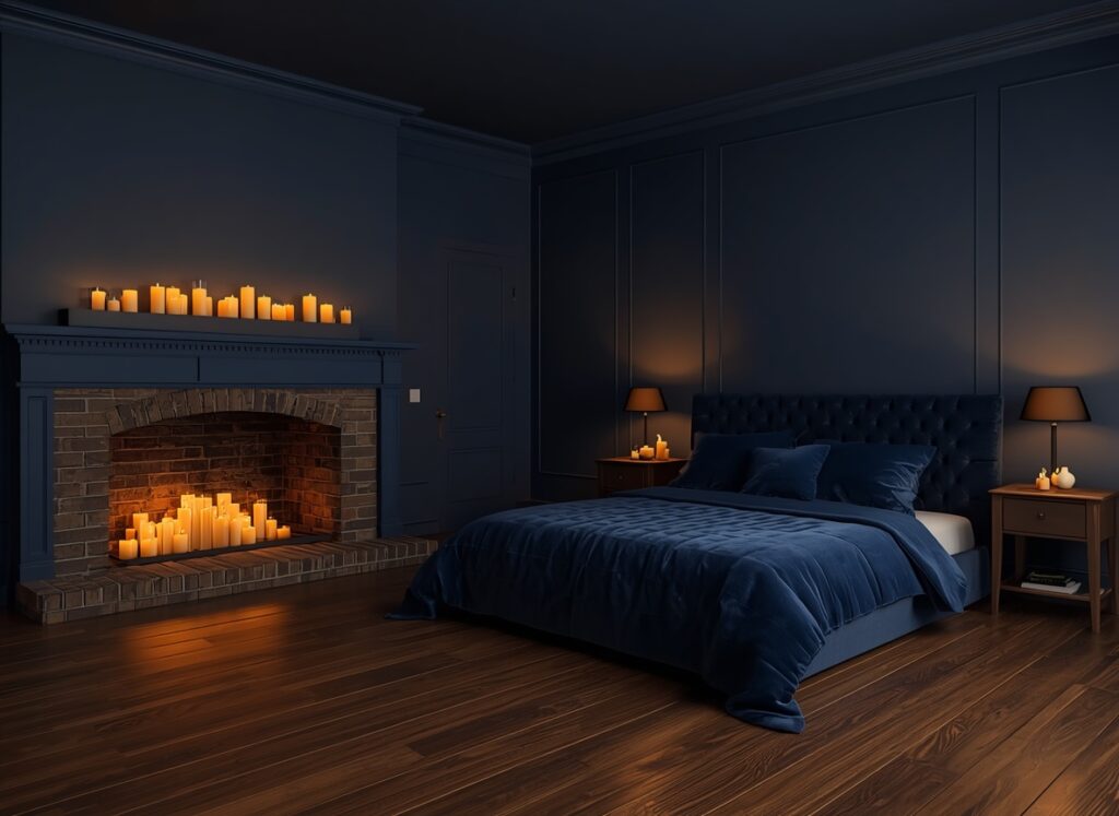 25 Cozy Navy Blue Bedroom Ideas to Create a Romantic Blueprint 18 Cozy navy blue bedroom sitting area featuring a navy-painted brick fireplace filled with glowing golden candles and dark oak wood flooring.
