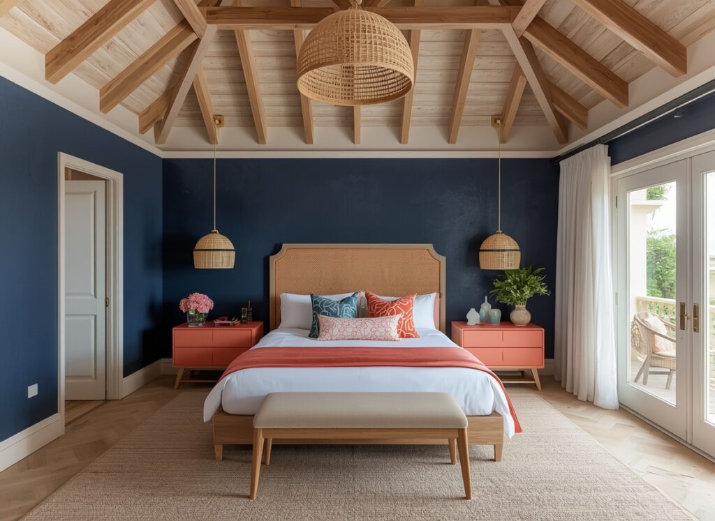 25 Cozy Navy Blue Bedroom Ideas to Create a Romantic Blueprint 19 Tropical coastal navy blue bedroom with a woven wood and cane bed, soft coral side tables, and natural wood ceiling rafters.