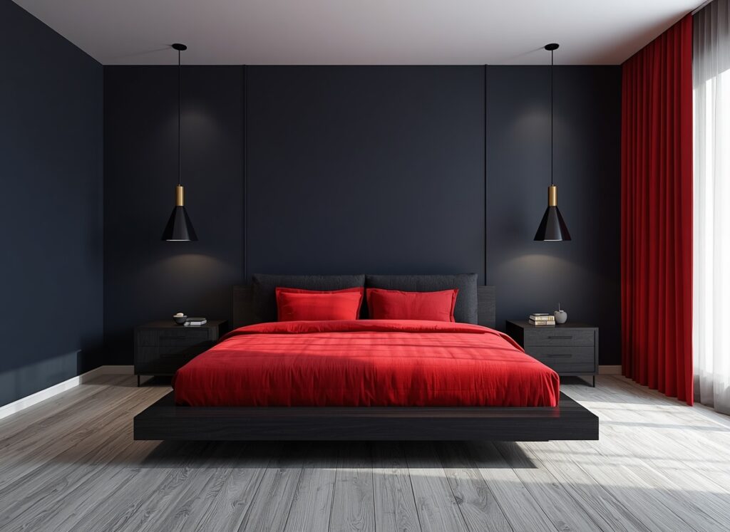 25 Cozy Navy Blue Bedroom Ideas to Create a Romantic Blueprint 20 Bold modern house interior featuring dark navy blue walls, vibrant crimson red bedding and curtains, and dark espresso wood furniture.
