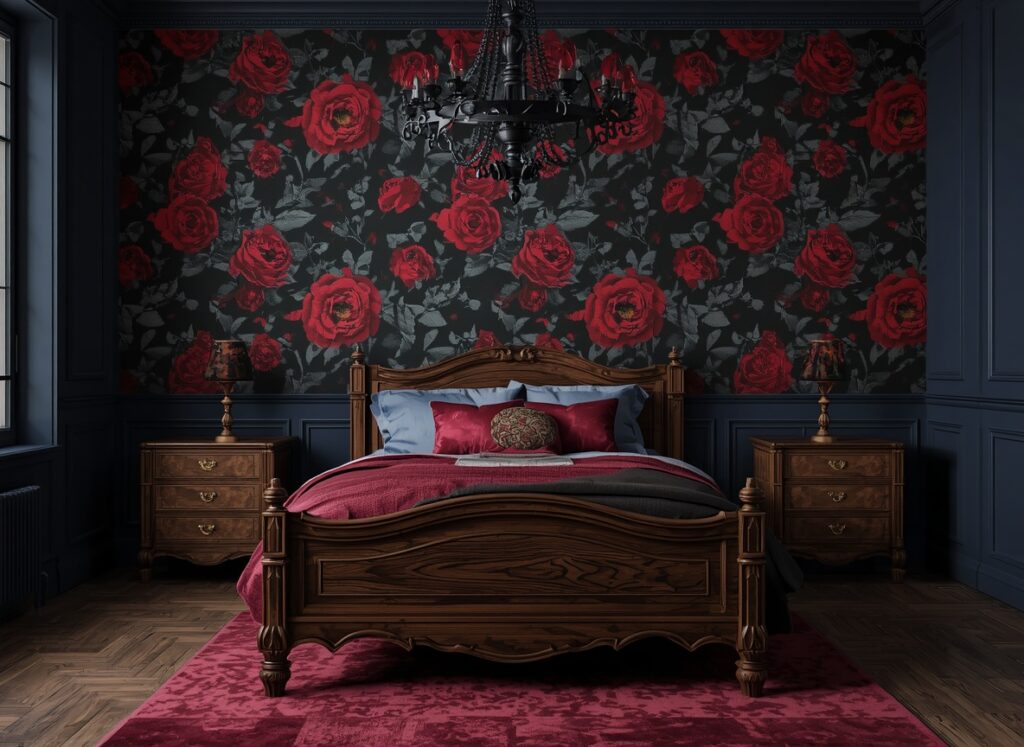 25 Cozy Navy Blue Bedroom Ideas to Create a Romantic Blueprint 21 Moody gothic romance bedroom with dark rose floral wallpaper, deep burgundy velvet curtains, and a black carved wooden bed.