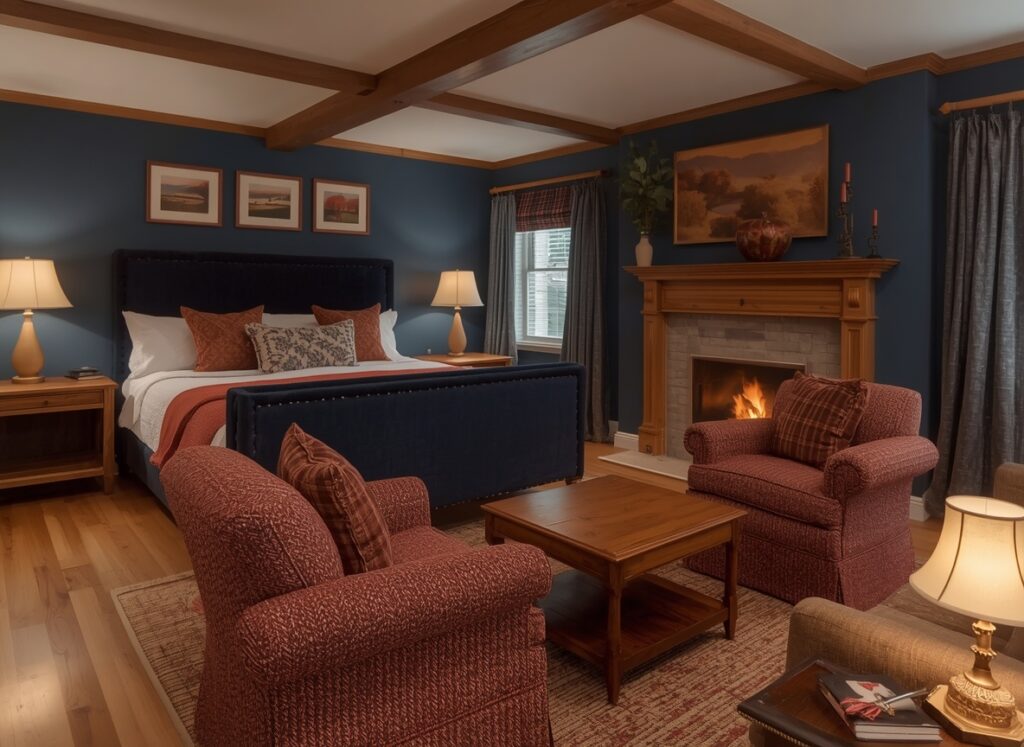 25 Cozy Navy Blue Bedroom Ideas to Create a Romantic Blueprint 22 Traditional cozy autumn bedroom featuring warm navy walls, a cherry-wood fireplace mantel, and rustic brick-red tweed armchairs.