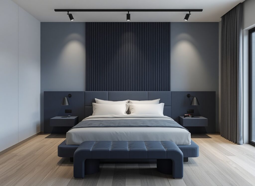 25 Cozy Navy Blue Bedroom Ideas to Create a Romantic Blueprint 5 Modern navy blue bedroom interior with a vertical wood slat panel accent wall, slate blue bedding, and light ash wood flooring.
