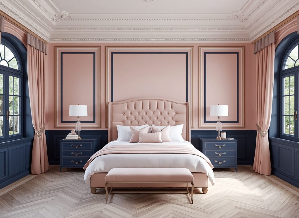 25 Cozy Navy Blue Bedroom Ideas to Create a Romantic Blueprint 23 Classic royal navy blue bedroom suite with soft pink upper walls, navy blue lower wood panels, and a pink tufted bed.