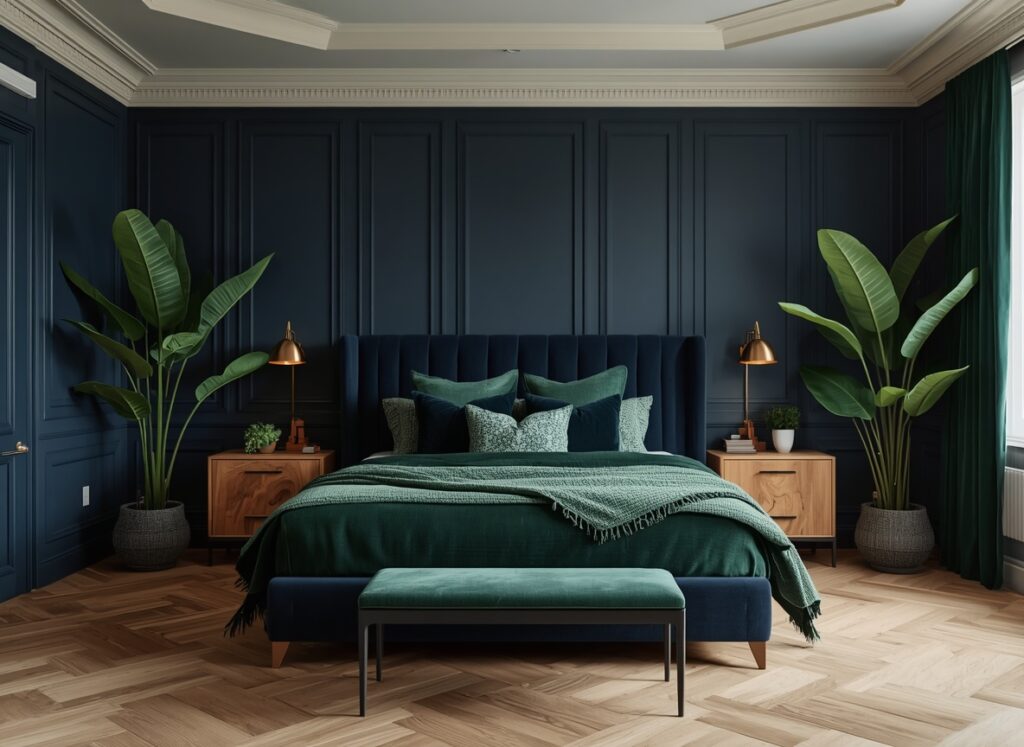 25 Cozy Navy Blue Bedroom Ideas to Create a Romantic Blueprint 24 Nature-inspired cozy navy blue bedroom with rich emerald green velvet bedding, live-edge pine wood nightstands, and fresh leafy plants.