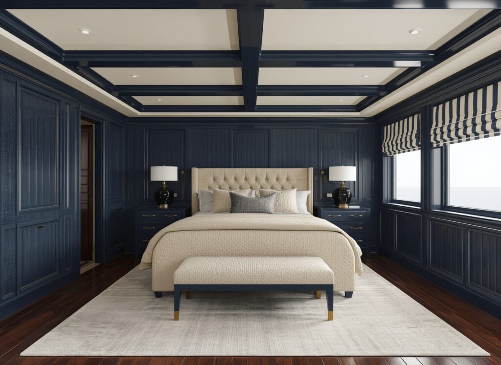 25 Cozy Navy Blue Bedroom Ideas to Create a Romantic Blueprint 25 22 Navy Blue Beige Classic Nautical Suite