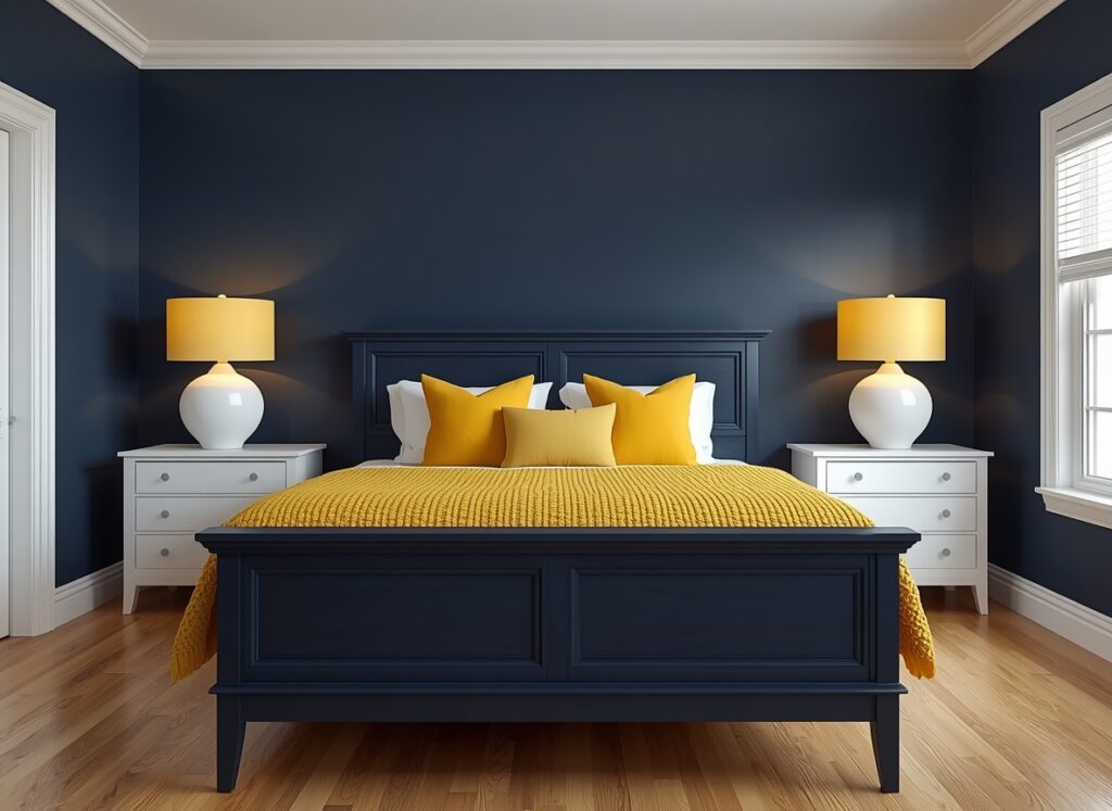 25 Cozy Navy Blue Bedroom Ideas to Create a Romantic Blueprint 26 Vibrant contrast bedroom with deep navy blue walls, a sunny mustard yellow throw blanket, and clean white bedside tables.