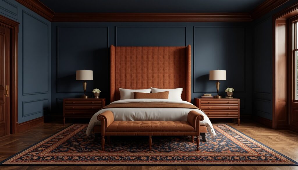 25 Cozy Navy Blue Bedroom Ideas to Create a Romantic Blueprint 27 Sophisticated navy blue bedroom interior with warm rust terracotta bedding, dark wood crown trim, and modern hardwood flooring.