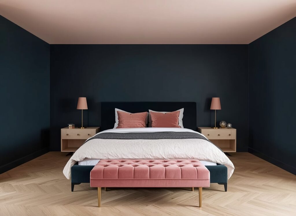 25 Cozy Navy Blue Bedroom Ideas to Create a Romantic Blueprint 28 Soft romantic bedroom featuring navy blue walls, a pale dusty blush pink ceiling, blush pink velvet curtains, and light ash wood floors.