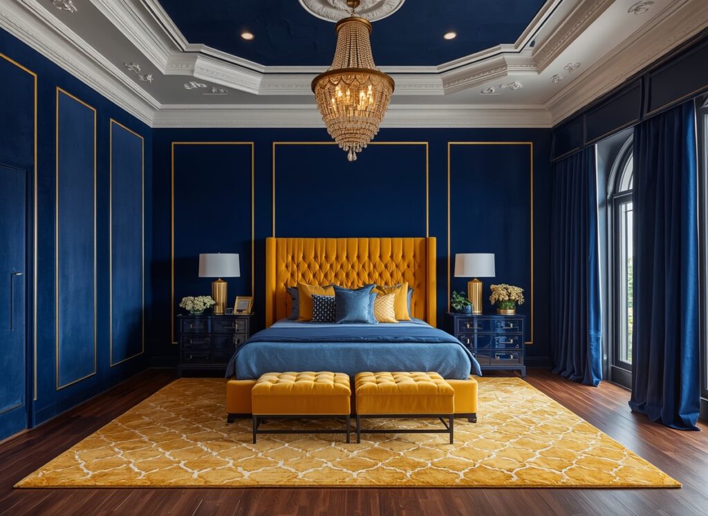 25 Cozy Navy Blue Bedroom Ideas to Create a Romantic Blueprint 6 Imperial navy blue master bedroom decorated with classic gold moldings, a bright yellow velvet bed, and a grand crystal chandelier.
