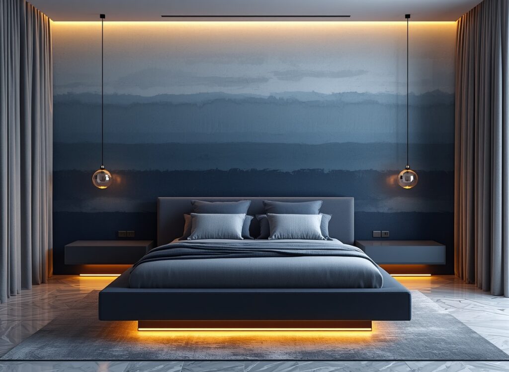 25 Cozy Navy Blue Bedroom Ideas to Create a Romantic Blueprint 7 4 Creative Ombre Sky Modern Sanctuary Room