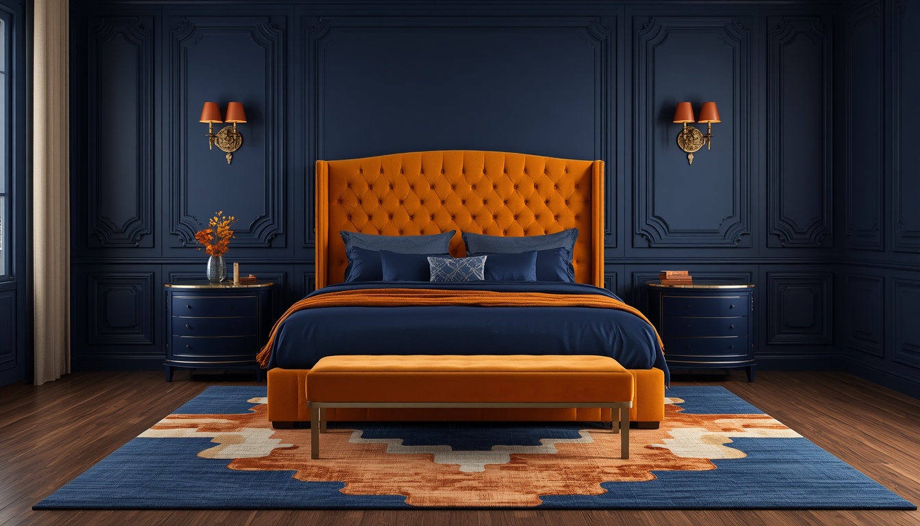 25 Cozy Navy Blue Bedroom Ideas to Create a Romantic Blueprint 8 High-contrast cozy navy blue bedroom with classic picture-frame wall moldings, a vibrant spicy orange velvet bed, and a colorful patterned rug.