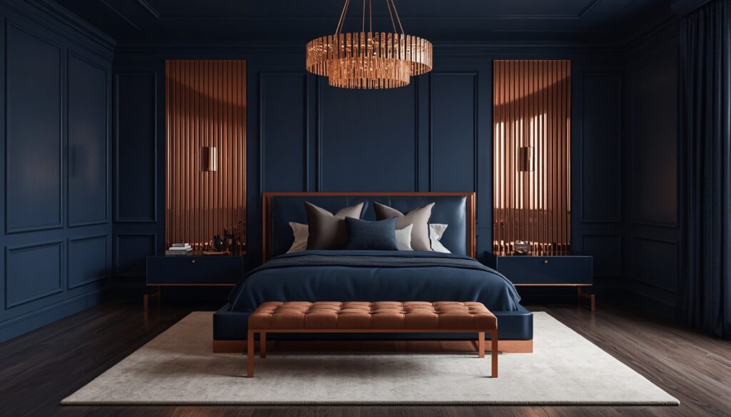 25 Cozy Navy Blue Bedroom Ideas to Create a Romantic Blueprint 9 Moody navy blue bedroom designed with shiny copper vertical wall panels, a navy leather bed, and a large copper ring chandelier.