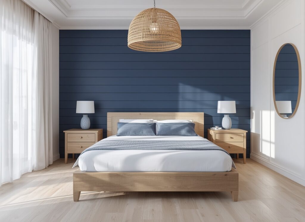 25 Cozy Navy Blue Bedroom Ideas to Create a Romantic Blueprint 10 Airy coastal style navy blue bedroom featuring horizontal shiplap wood paneling, off-white walls, and light driftwood furniture.